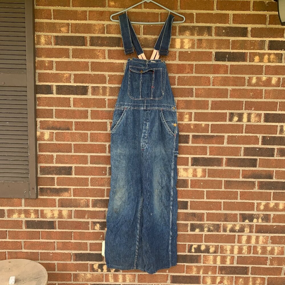 VINTAGE BLUE BELL SANFORIZED DENIM CARPENTER BIB OVERALLS ~34 X ~28